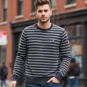 Nautica $70 Medium Gray‎ Striped Long Sleeve 100% Cotton Crewneck Knit Sweater
